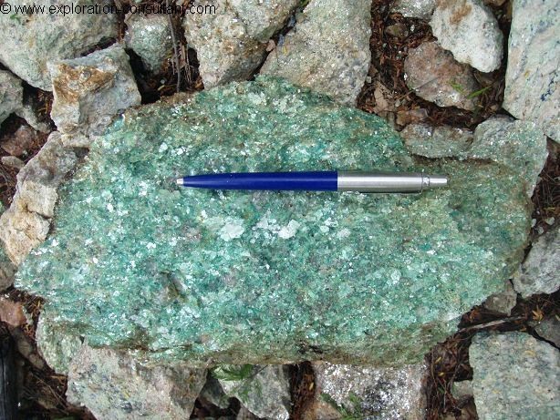 A particularly mica rich part of the pegmatite carrying secondary copper minerals.