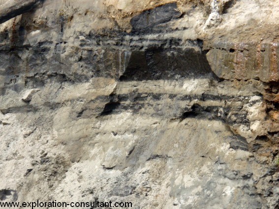 Close up view of fluviatile sediments: clayey layers in black intercalated with sandy layers; the coarse layers contain most of the gold; field of view 1.50 by 2.50m.